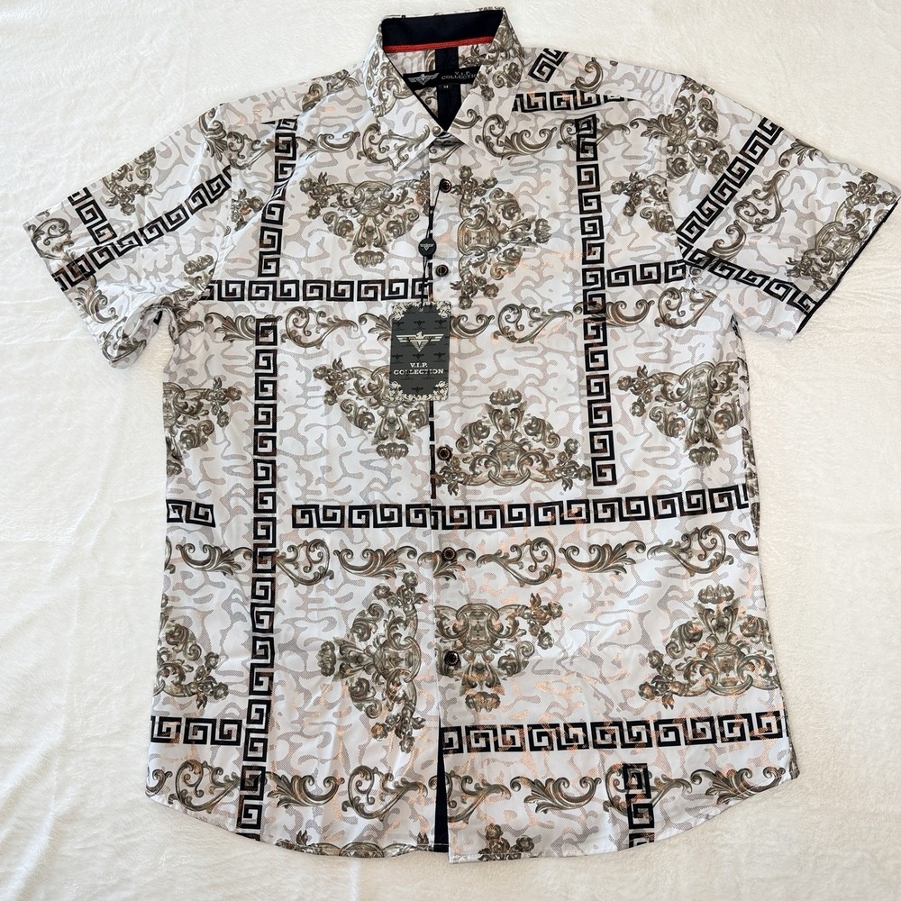 Mens Italian Fashion Button Up Short Sleeve Shirt Baroque‎ Greek Key Medusa M